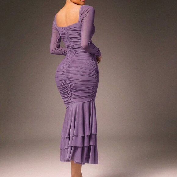 Purple Elegant Women's Mesh Plunge Ruched Fishtail Midi Dress with Ruffles - Picture 2 of 5